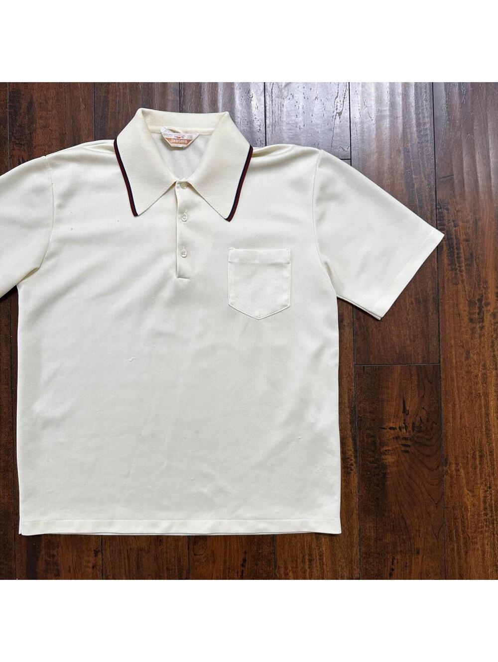 Vintage Jantzen Classic Look White Polo Shirt Single Stitch Size L 1970s 70s